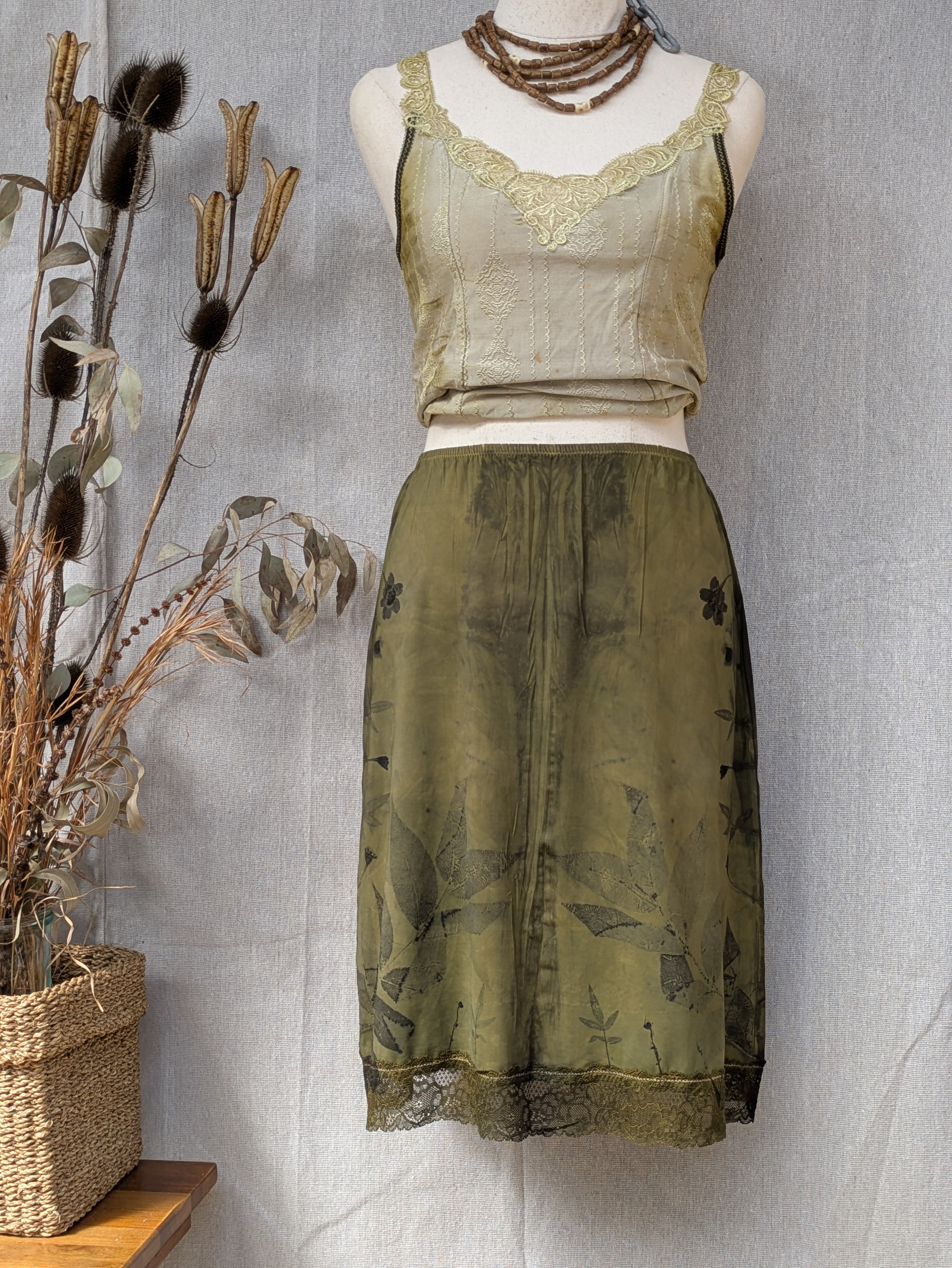 Vintage Lace Petticoat Skirt ~ Dark Moss + Marigold