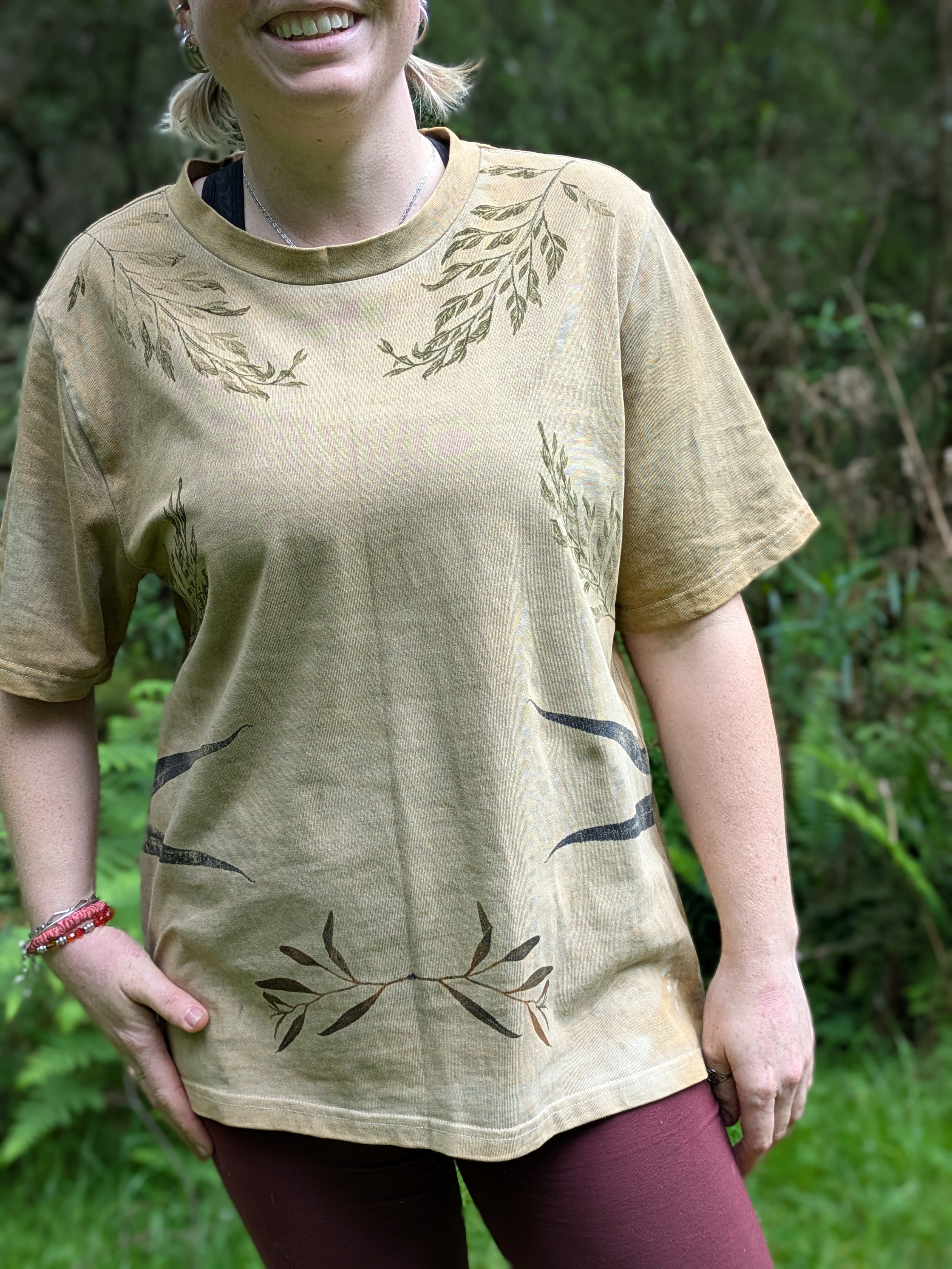 Women's Heavy-Cotton Eco Printed Tee ~ L ~ Tan Oak