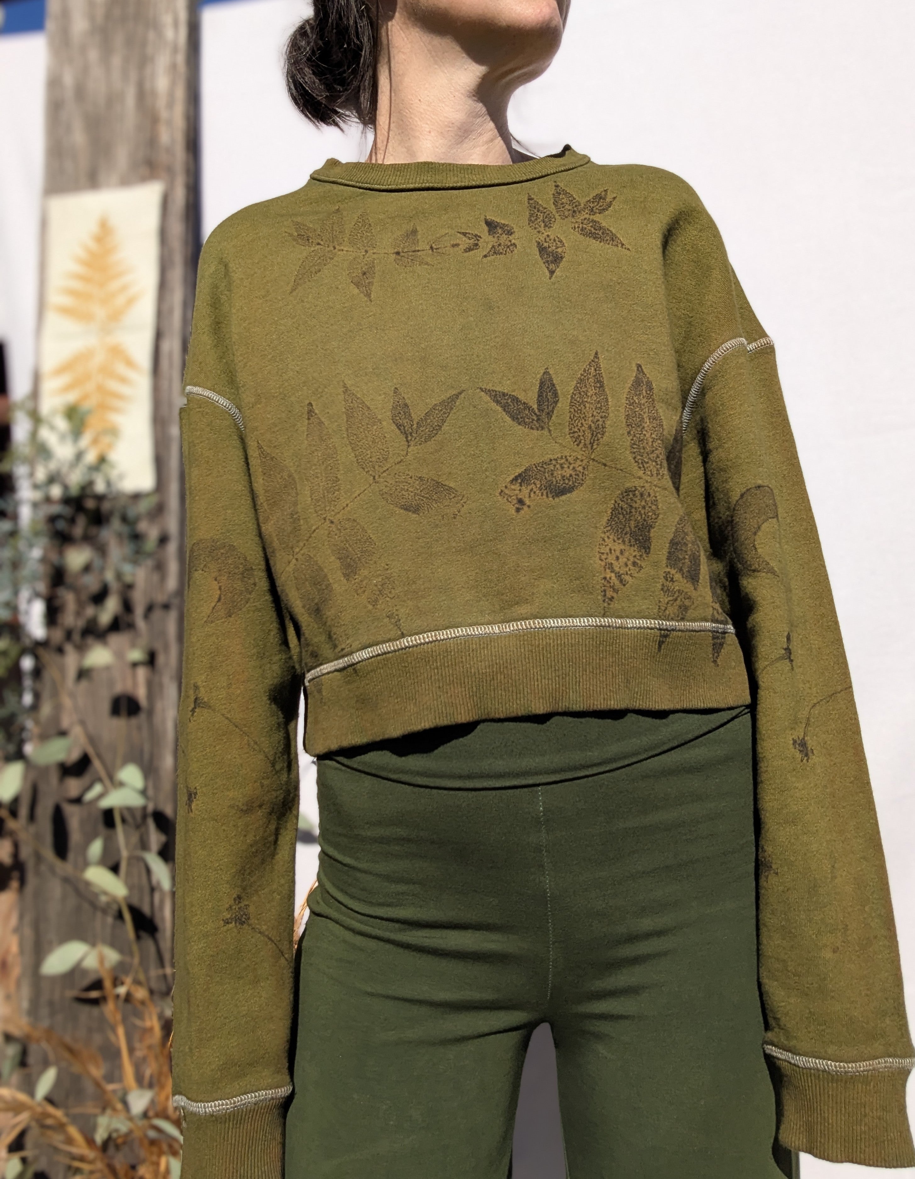 Botanical Cropped Crew ~ XS ~ Moss Olive  ~ 100% Terry Cotton