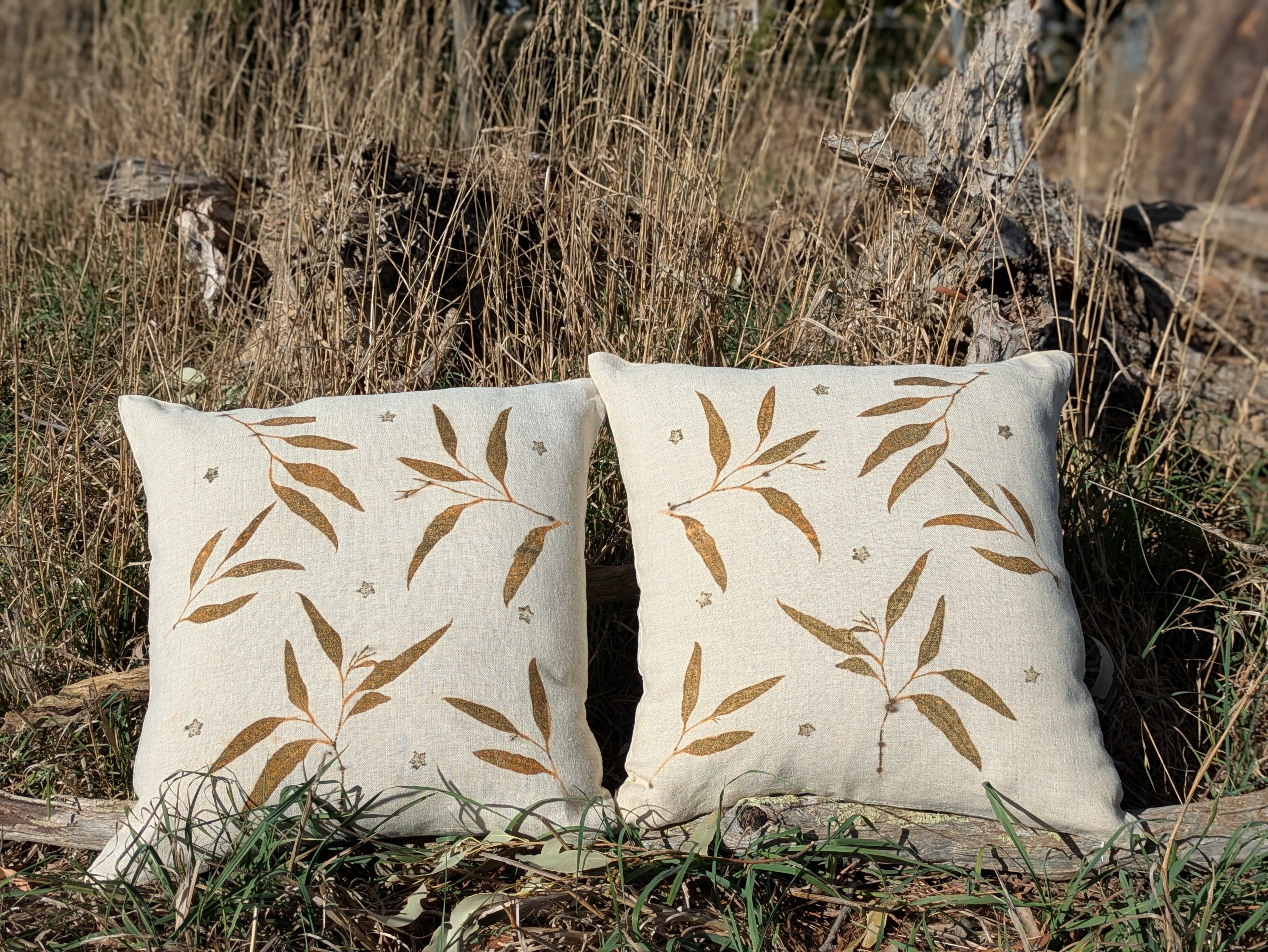 Botanically Printed ~Linen Cushion Cover Set ~ Eucalyptus Star Eco Print