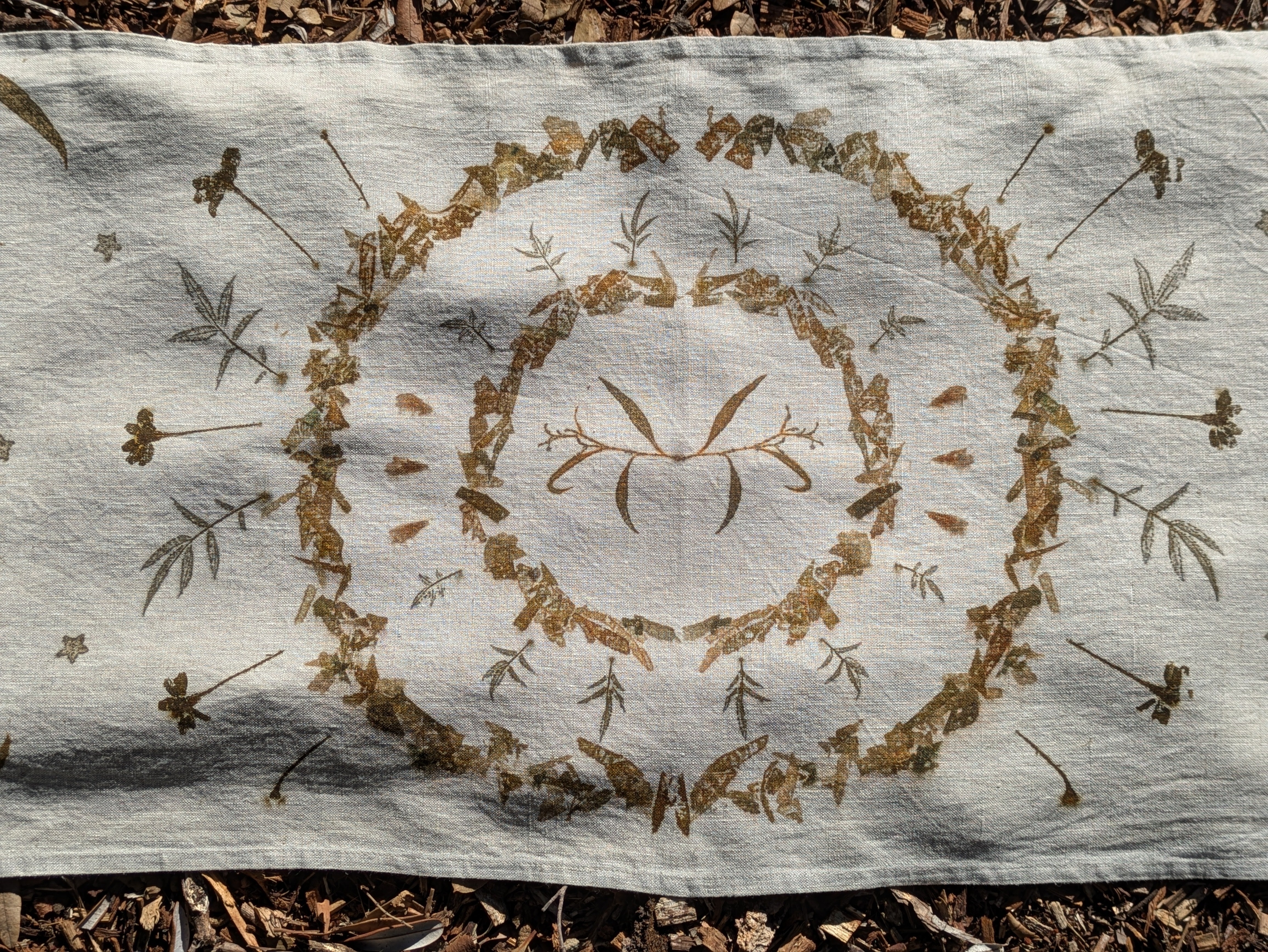 Botanically Printed ~ Linen Table Runner ~ Altar Cloth ~ Sacred Circle