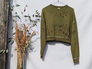 Botanical Cropped Crew ~ XS ~ Moss Olive  ~ 100% Terry Cotton